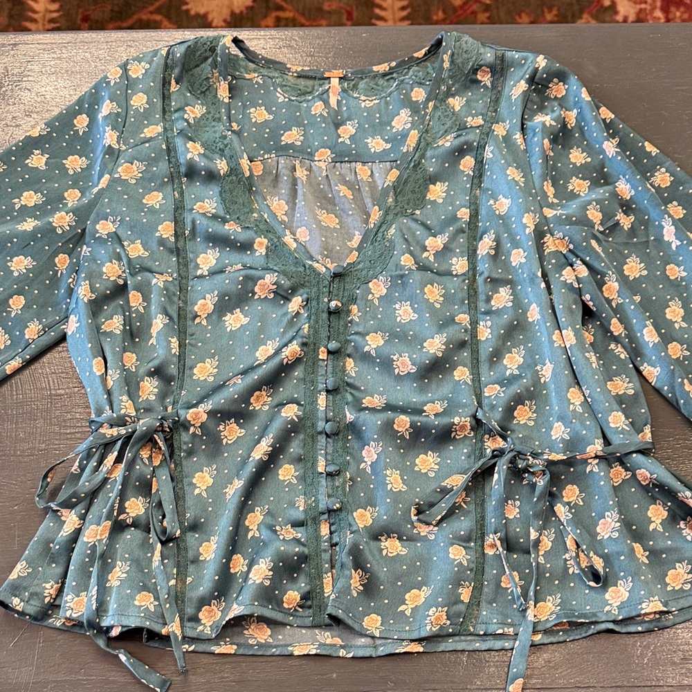 Free People Teal Floral Blouse